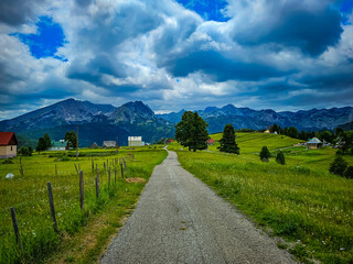 Montenegro landscape with Durmitor mountain and village Pitomine