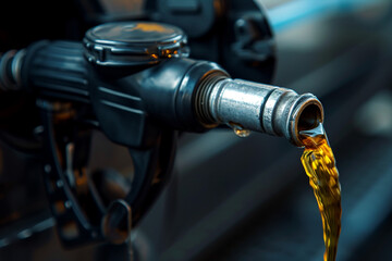 Black gasoline injector filling oil or clean fuel on a dark background 