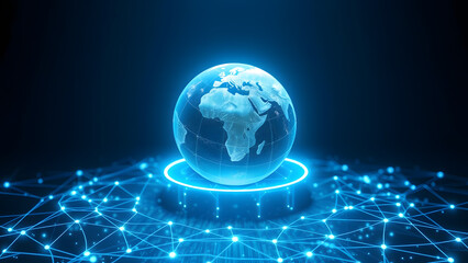 Glowing earth globe on a luminous platform surrounded by a network of connected nodes