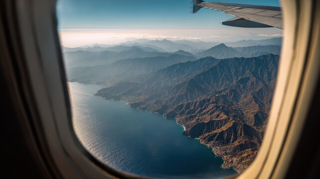 Aerial View of a Coastline or Mountains Through an Airplane Window