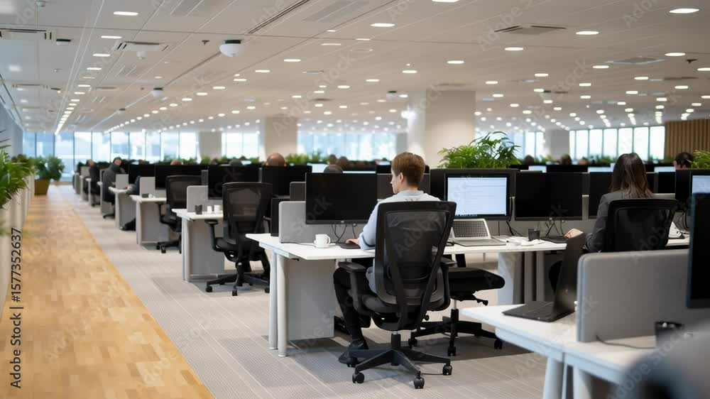 Poster modern open-plan office environment with greenery and workspace design highlighting productivity and