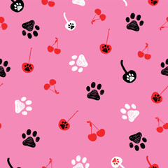 Red cherries and paw prints seamless with pink background pattern
