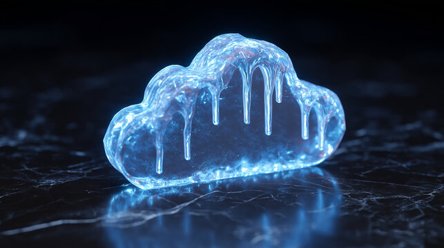 Secure Cloud Icon Carved in Ice on Black Marble Surface