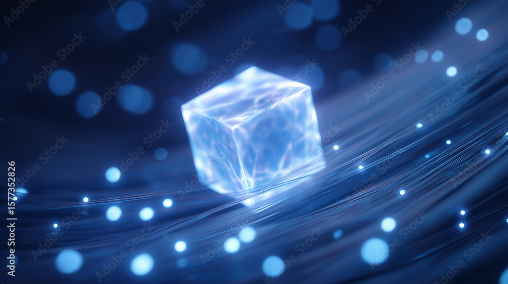 Poster glowing data packet traveling through fiber strands in high-tech lab