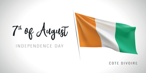 Cote Divoire independence day vector banner, greeting card. Ivory Coast wavy flag in 7th of August patriotic holiday horizontal design with realistic flag