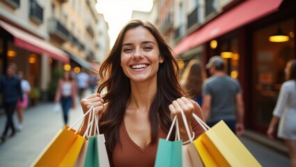Hermosa mujer sonriendo en la calle y sosteniendo bolsas de compras