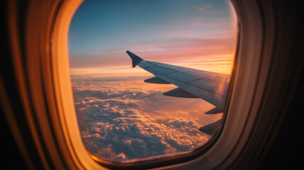 Airplane Wing Visible Through Window with a Sunrise 
