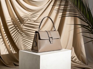 Taupe leather structured handbag placed on white pedestal with dramatic palm leaf shadows and beige fabric background, minimal luxury setup.