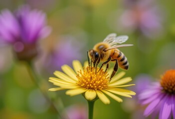Abeja polinizando una flor en un campo vibrante. Importancia de la biodiversidad y disminuci&oacute;n de las poblaciones de insectos