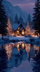 Fototapeta premium Winter night at a cozy cabin surrounded by snow and festive lights in a serene mountain landscape