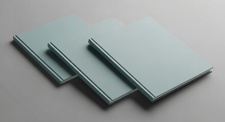 Three elegant hardcover books in light blue on a gray surface forming an abstract design