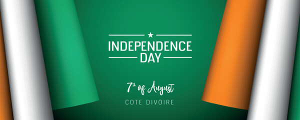 Cote Divoire independence day vector banner, greeting card. Ivory Coast wavy flag in 7th of August national patriotic holiday horizontal design
