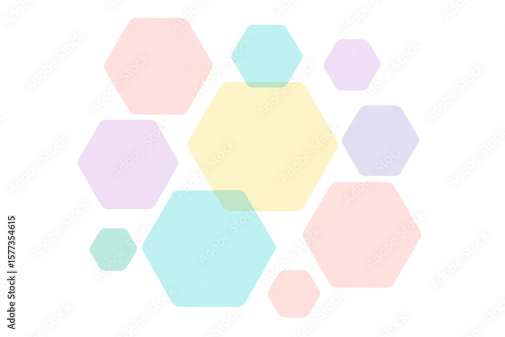 Poster group of pastel colored hexagons partially overlapping creating a colorful and modern design on a tr