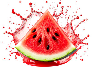 Fresh Watermelon Slice with Red Juice Splash, Front View, Isolated on Transparent Background PNG
