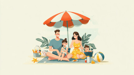 Family Sitting on a Beach Mat Under an Umbrella with Snacks 

