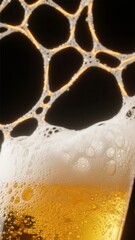 Close-up of beer foam with golden bubbles and dark background