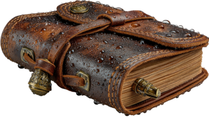 Antique Leather Bound Journal: A weathered, vintage leather-bound journal, its pages brimming with secrets, sits in the light, its worn cover hinting at countless stories waiting to be told.