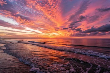 Closeup sea sand beach. Panoramic beach landscape. Inspire tropical beach seascape horizon. Orange and golden sunset sky calmness tranquil relaxing sunlight summer mood. Vacation travel holiday banner