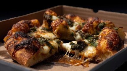Close-up of cheesy pizza with mold and spoilage in cardboard box