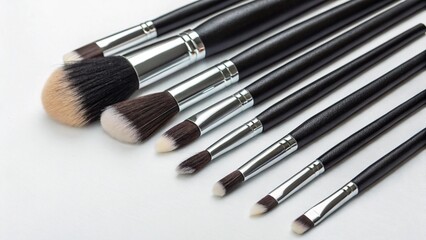 A set of professional makeup brushes with black handles and silver ferrules are arranged on a white...