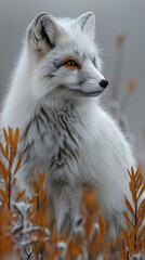 Fototapeta premium Arctic fox in tundra environment with autumn vegetation