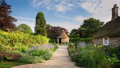 an informal gravel path through a large cottage garden with dovecote