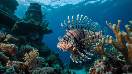Profile of a Venomous Lionfish in its Coral Reef Habitat