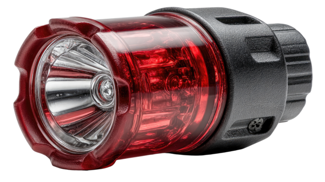 Powerful Illumination: A close-up view of a vibrant red flashlight emits a concentrated beam of light, symbolizing power and clarity. Perfect for projects of search and rescue and industrial works.