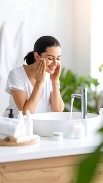 Woman washing face in bathroom sink