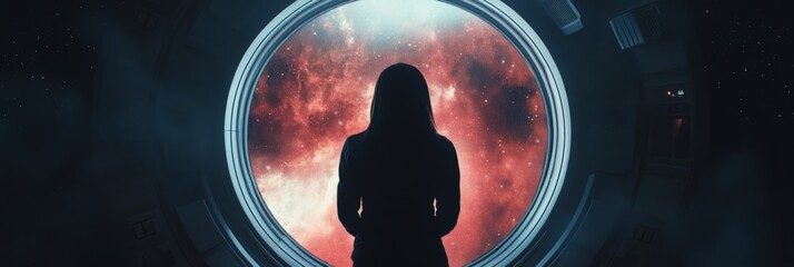 Female astronaut viewing distant nebula through spaceship window, silhouetted against cosmic backdrop, representing human exploration and wonder beyond earth's boundaries