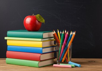 A vibrant educational still life with books, apple, and colorful pencils in a glass.