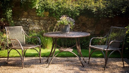 Fototapeta premium old metal garden table and chairs in a rustic garden