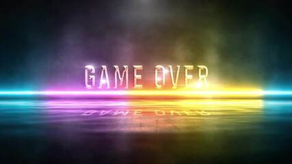 3D animation of Game Over glow glitch text effect with sci fi digital cinematic title abstract background. Ending cover for intro, title banner. colorful retro gaming console style. - Powered by Adobe