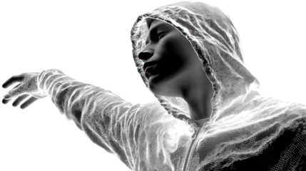Inquisitive Expression: A monochromatic portrait of a person, shrouded in a hooded garment, with their hand outstretched. the composition evoking a sense of mystery and exploration.