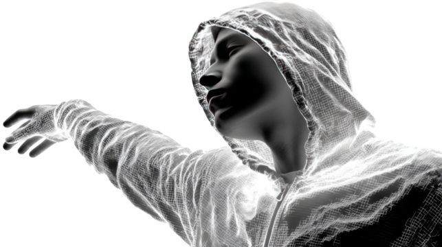 Inquisitive Expression: A monochromatic portrait of a person, shrouded in a hooded garment, with their hand outstretched. the composition evoking a sense of mystery and exploration.