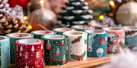 Colorful Christmas-Themed Washi Tape Rolls with Pine Cones and Festive Decor

