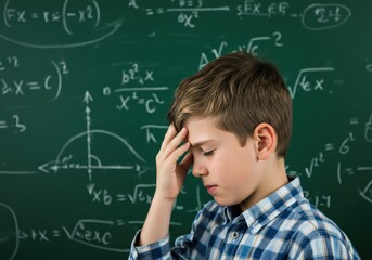 A young student struggles with math problems on a chalkboard, looking stressed and confused.