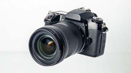 A professional black dslr camera with a zoom lens is isolated on white background, ready for...