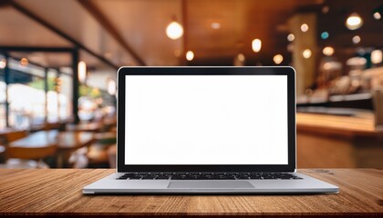 Fototapeta premium blank white screen laptop computer with blur coffee shop on background