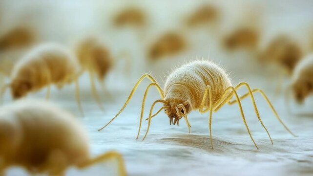 close-up Dust mites, virus on pillow in bedroom small insect macro isolated pest
