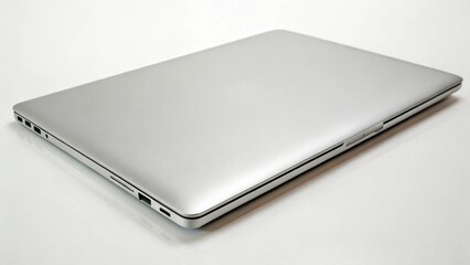 A closed silver laptop is isolated on white background, showcasing its sleek design and modern...