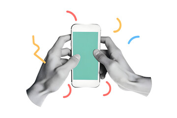 Black and white hands in a white shirt holding a phone with a empty screen. Illustration on transparent background in a modern collage style