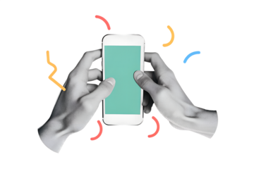 Black and white hands in a white shirt holding a phone with a empty screen. Illustration on transparent background in a modern collage style