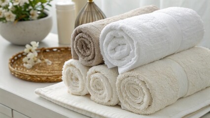 A stack of rolled towels in white and beige hues are neatly arranged with decorative items in the...