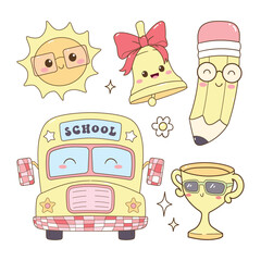 Pastel Yellow and Red Kawaii Back to School Icons.