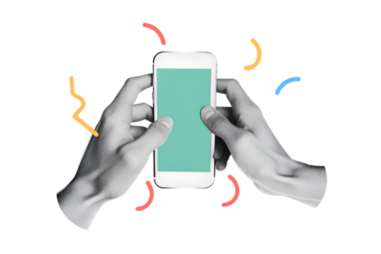Black and white hands in a white shirt holding a phone with a empty screen. Illustration on transparent background in a modern collage style - Powered by Adobe