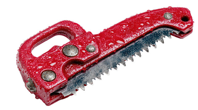 Saw Close-up: A detailed shot of a red hand saw showcasing its robust construction and sharp blade, a tool emblematic of precision and the essence of craftsmanship.