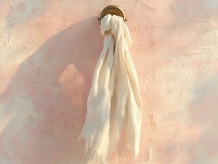 Cream-colored Fabric Hanging on a Brass Wall Hook Against a Textured Pink Wall