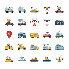 Collection of emergency and rescue vehicles, including boats, drones, and trucks, presented as flat vector icons.