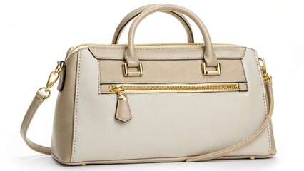 Elegant beige and white leather handbag with gold zippers and a shoulder strap isolated on white background